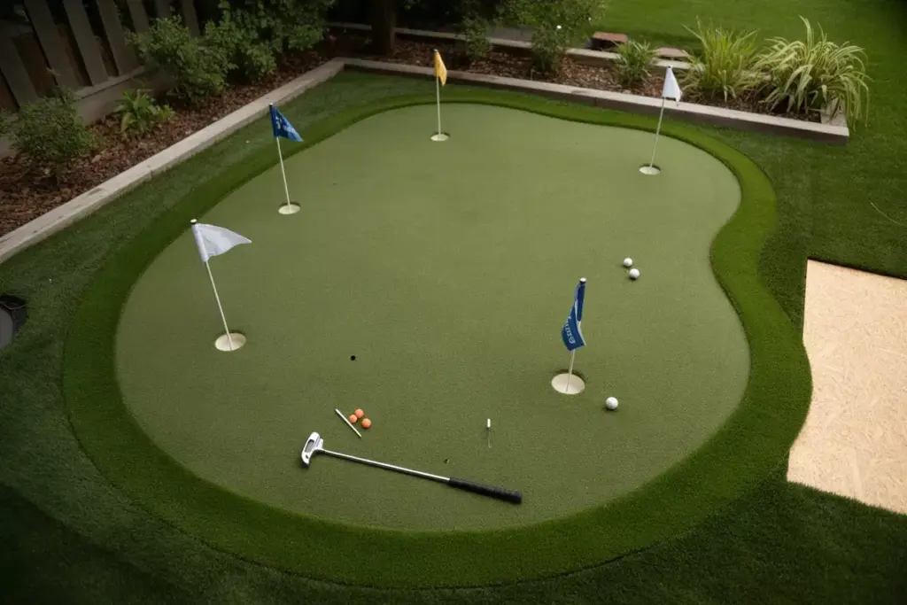 Diy Artificial Turf Putting Green With Multiple Hole Flags In Backyard