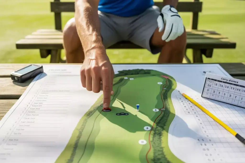 Golfer Studying Course Map Yardage Markers Tee Options On Bench