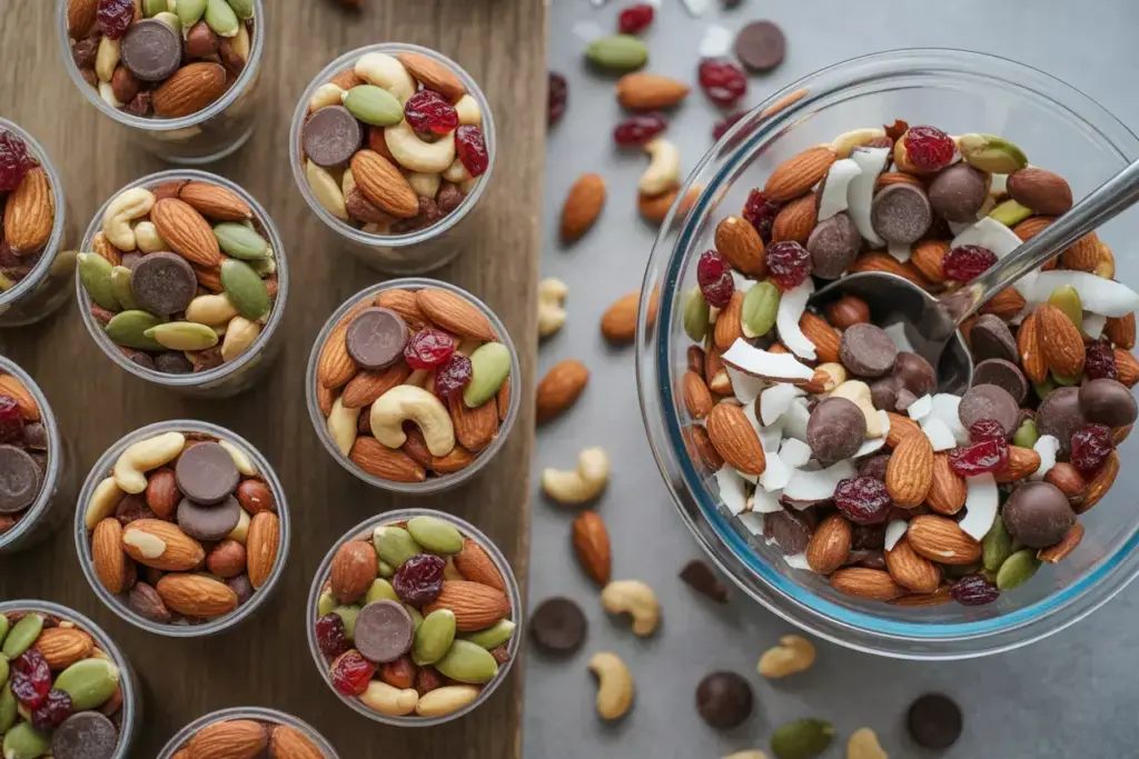 Power Packed Trail Mix Cups With Almonds Cranberries Chocolate Chips And Nuts In Clear Portions