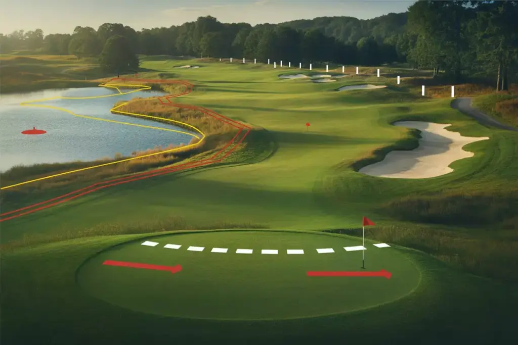 Golf Hole Landscape With Map Overlays Marking Water Bunkers Ob