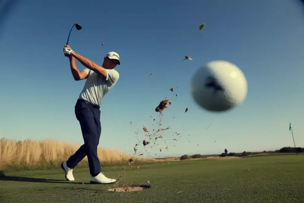 Golfer Hitting Fairway Wood From Tight Lie On Course