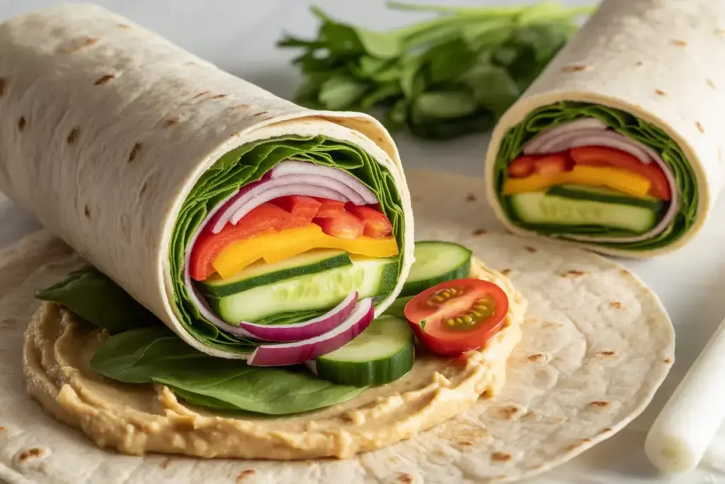 Mediterranean Hummus And Veggie Wrap With Spinach Cucumber Pepper And Tomato Pinwheel