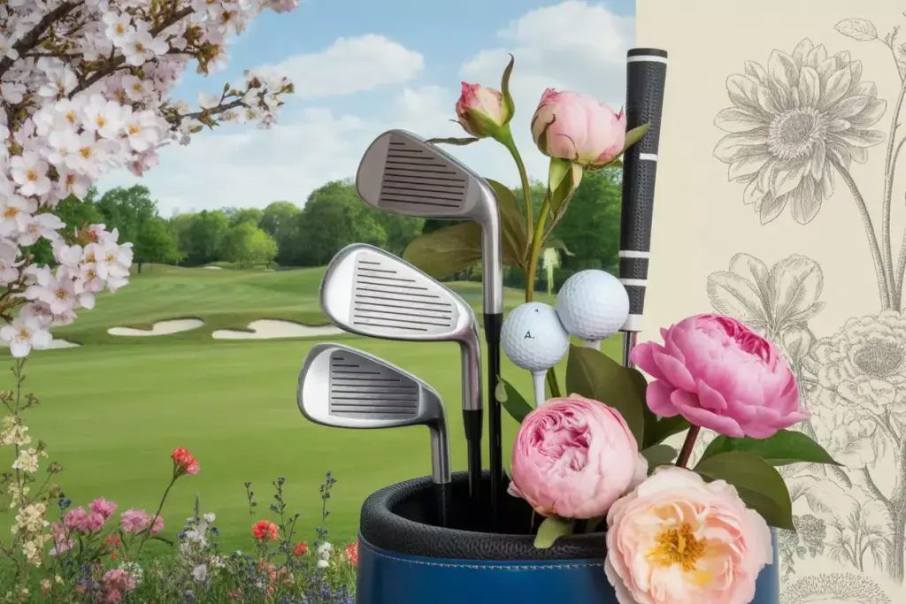 Golf Clubs And Balls Surrounded By Pink Peonies And Roses Still Life