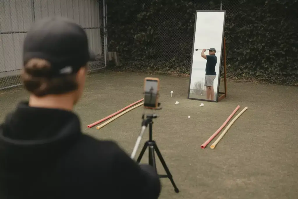Golfer Practicing With Full Length Mirror And Alignment Sticks