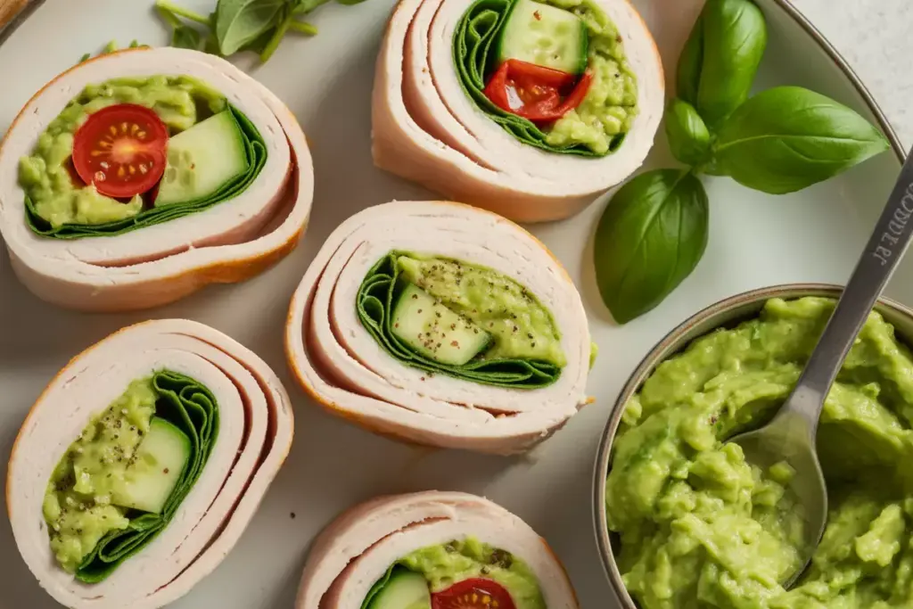 Protein Rich Turkey And Avocado Roll Ups With Tomato Cucumber And Fresh Herbs