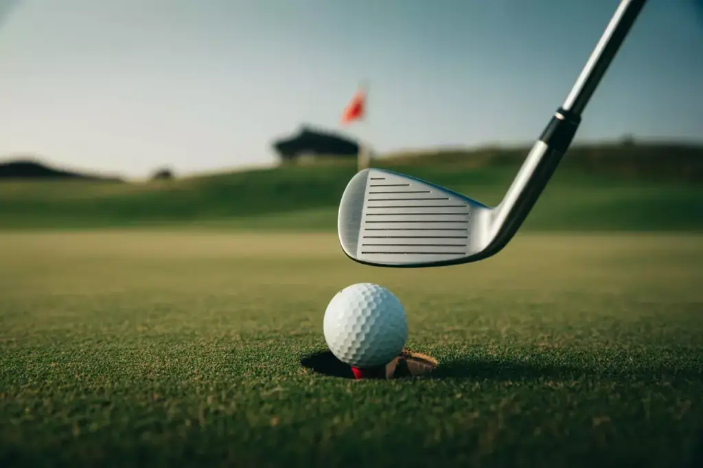 Close Up Of High Lofted Short Iron And Ball Near Green