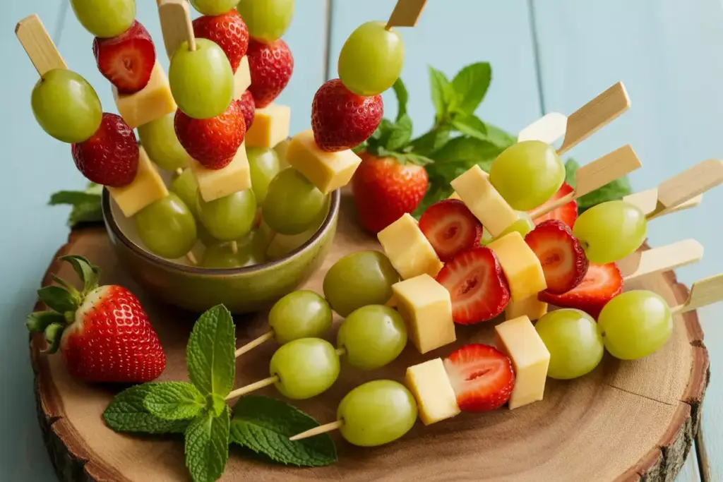 Refreshing Fruit And Cheese Skewers With Grapes Strawberries And Cheddar Cubes