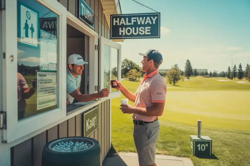 Golfer At Halfway House With Snacks Drinks Restroom Sign