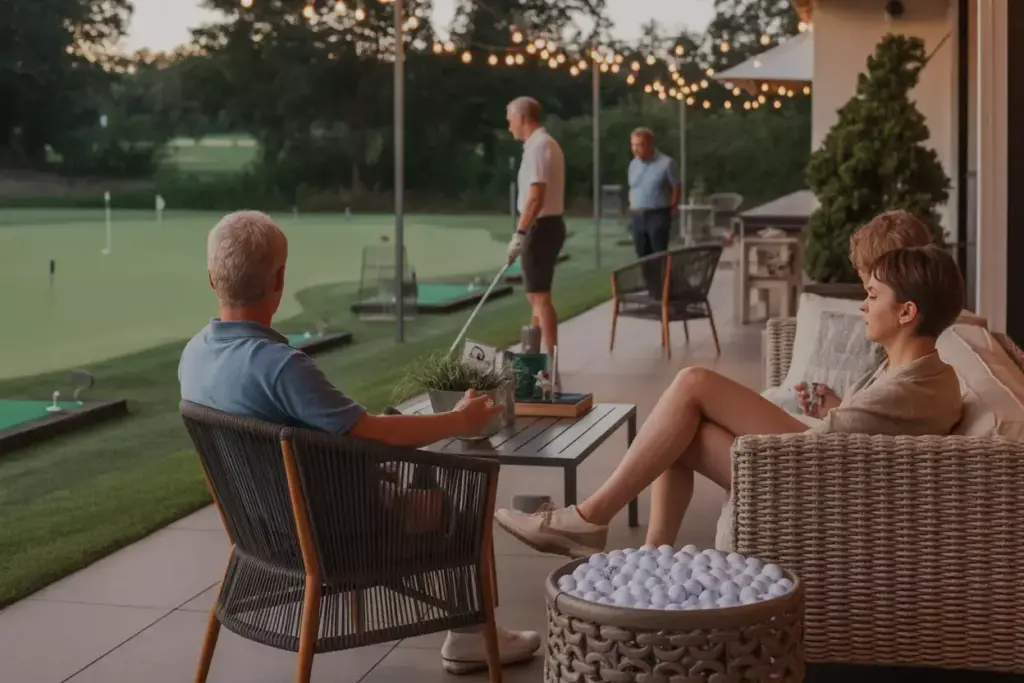 Patio With Golf Themed Decor And String Lights Next To Putting Green