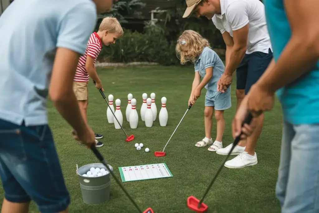Family Playing Golf Bowling Game With Putters And Pins