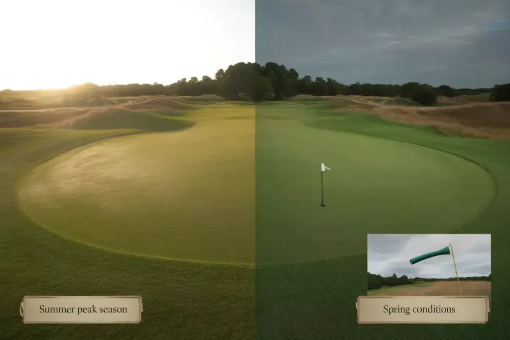 Split Image Summer Spring Golf Hole Conditions Comparison