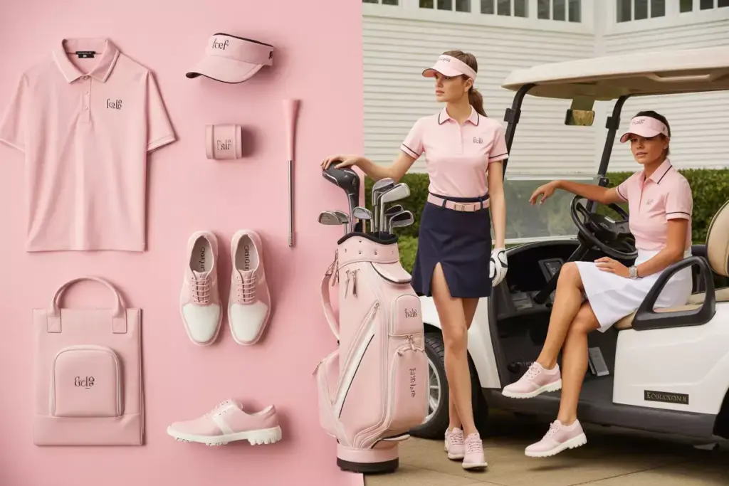 Stylish Pink Golf Outfit And Luxury Bag Flat Lay Arrangement