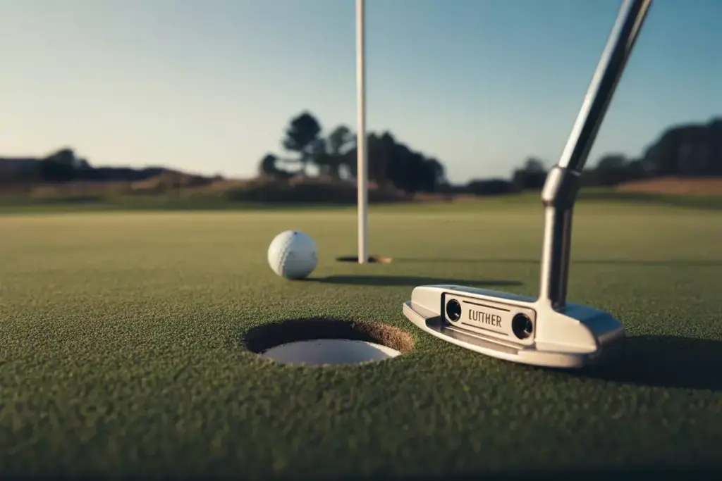 Mallet Putter On Dewy Green With Ball And Hole