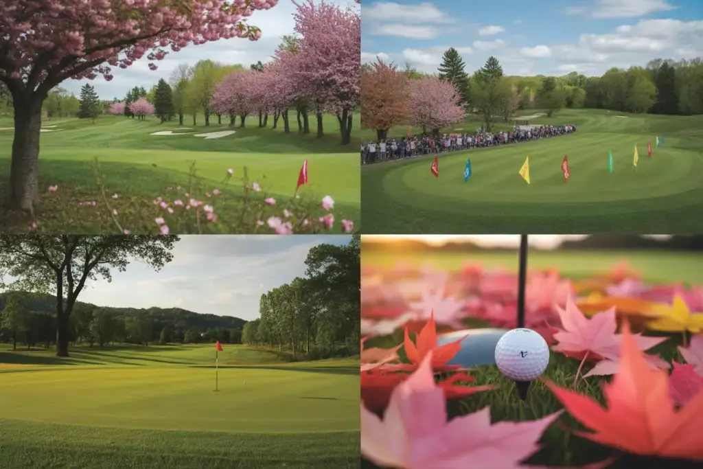 Spring Golf Course With Blooming Cherry Blossoms And Fairway