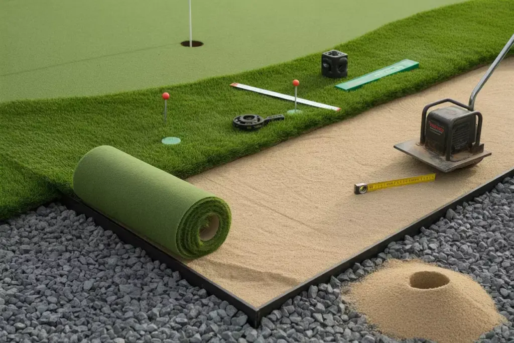Artificial Turf Putting Green Installation Showing Base Preparation Compacted Granite And Turf Roll Out