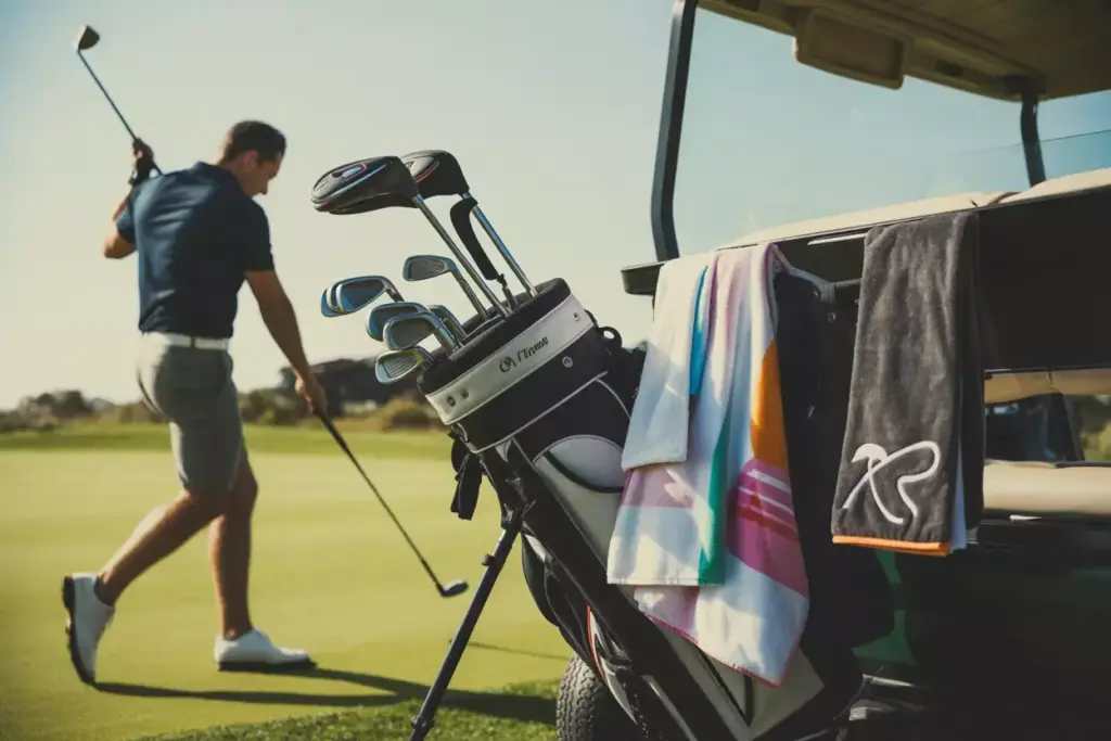 Golfer Using Magnetic Microfiber Towel Attached To Golf Bag