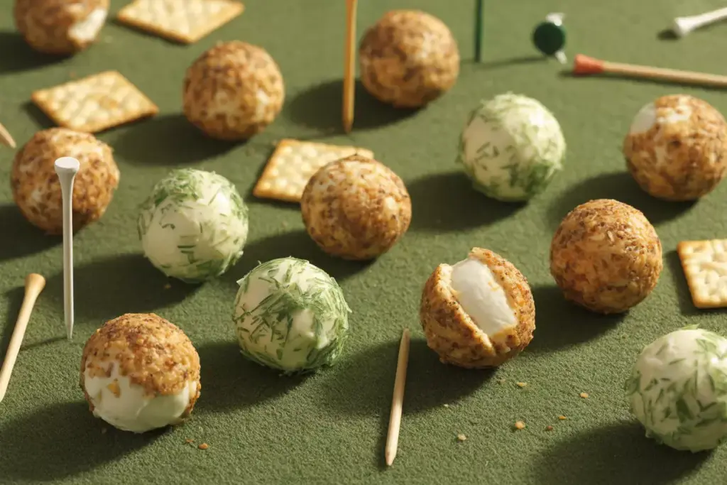 Golf Ball Shaped Cheese Balls Coated In Everything Bagel Seasoning