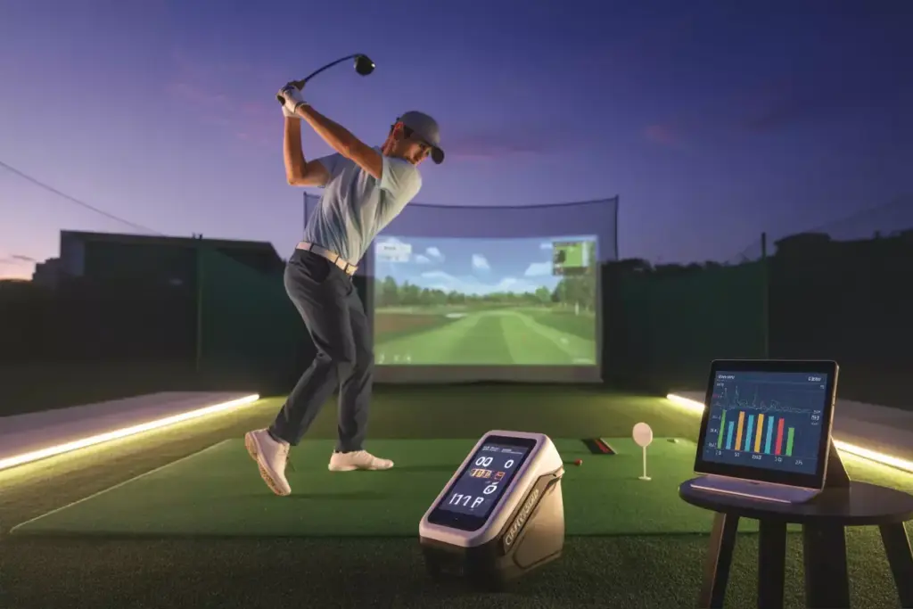 Golfer Using Launch Monitor And Simulator With Led Lighting On Backyard Putting Green At Dusk