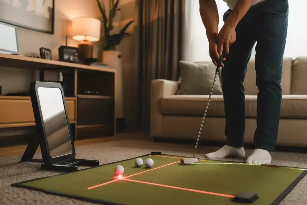 Indoor Putting Practice With Laser Trainer And Alignment Mirror