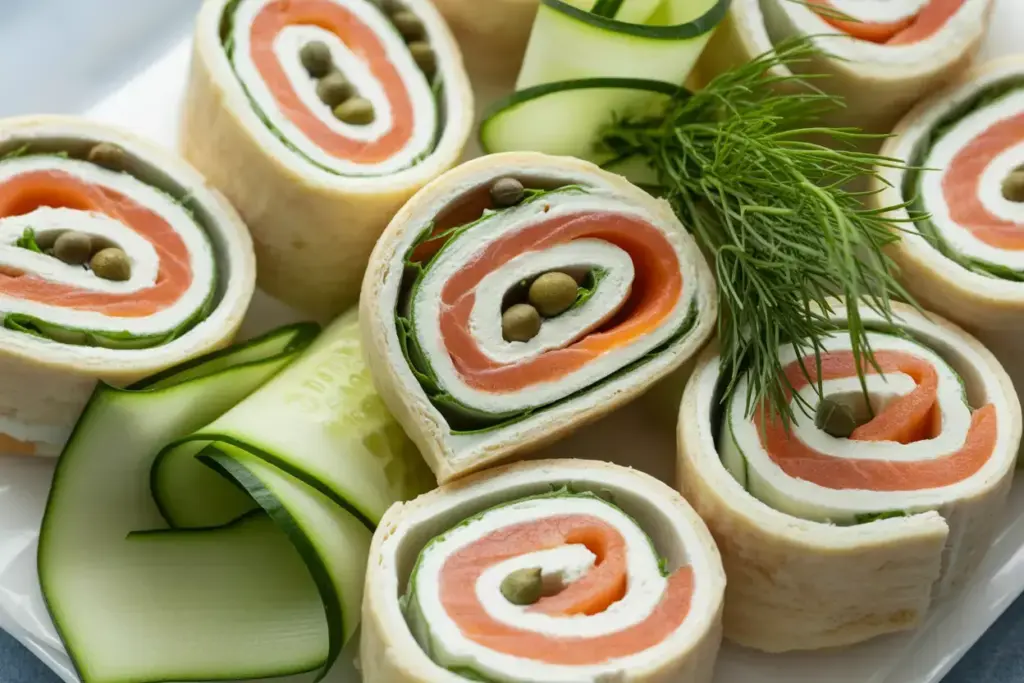 Smoked Salmon Pinwheels With Dill Cream Cheese Sliced And Garnished