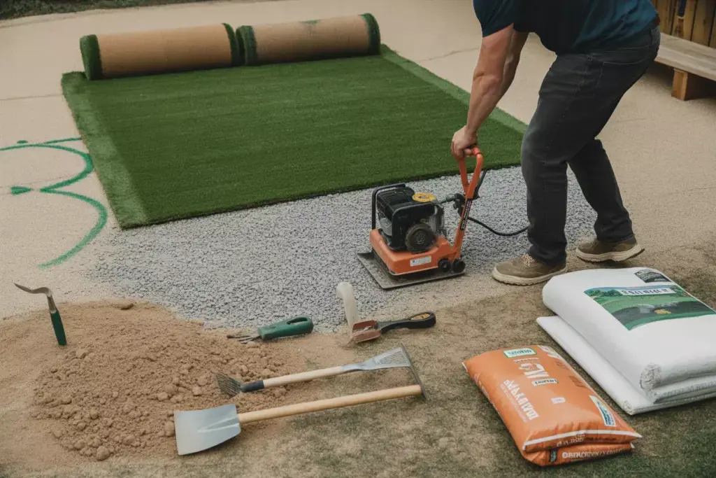Diy Installation Of Backyard Putting Green Showing Compactor Remnant Turf And Basic Tools
