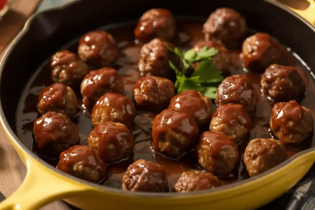 Mini Meatballs Glazed In A Sticky Bourbon Barbecue Sauce