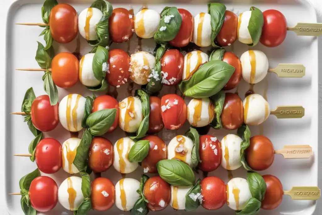 Caprese Skewers With Tomato Basil Mozzarella And Balsamic Glaze