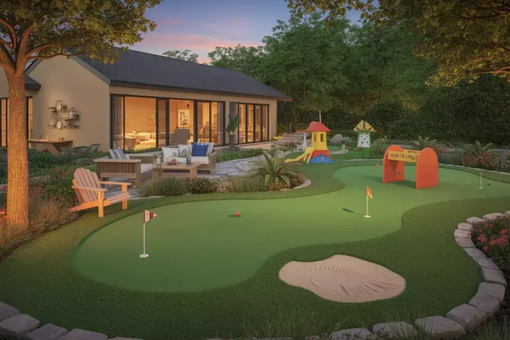 Family Friendly Backyard Golf Oasis With Themed Obstacles Seating And Lush Landscaping