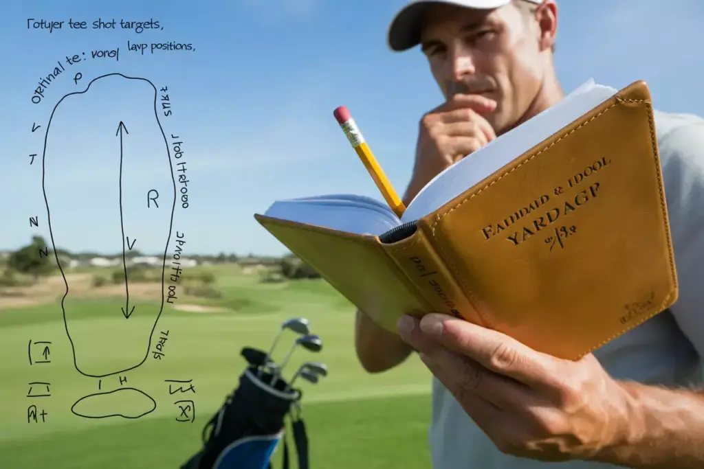 A Golfer On The Tee Box Studying A Detailed Yardage Book With Handwritten Strategic Notes And Hole Markings