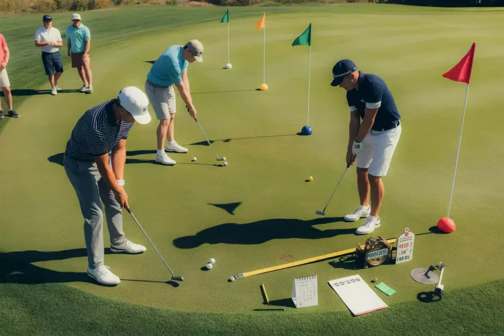Closest To The Pin Challenge On Sunny Practice Green With Colored Targets And Mixed Skill Players