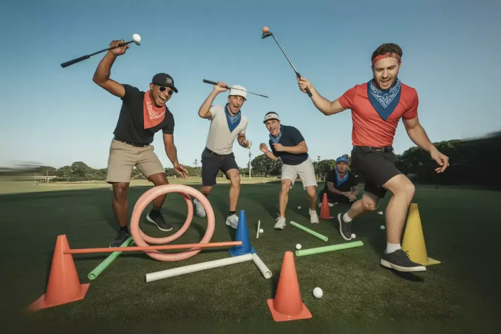 Golf Ball Relay Race Teams Navigating Cone And Tunnel Obstacle Course