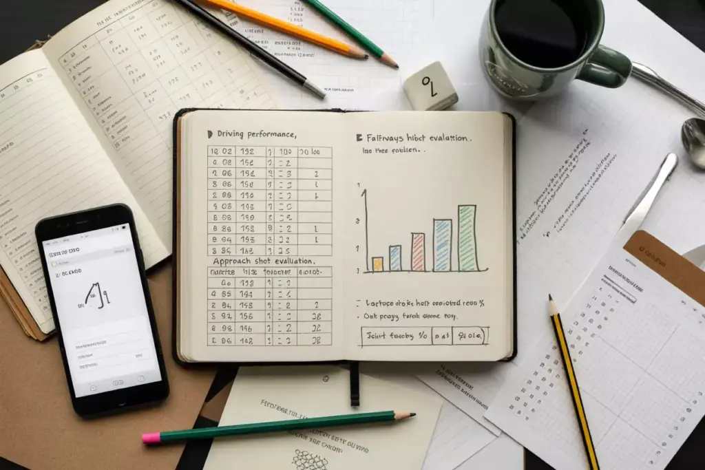 Overhead Flat Lay Of A Yardage Book Open To Statistical Tables And Hand Drawn Performance Charts