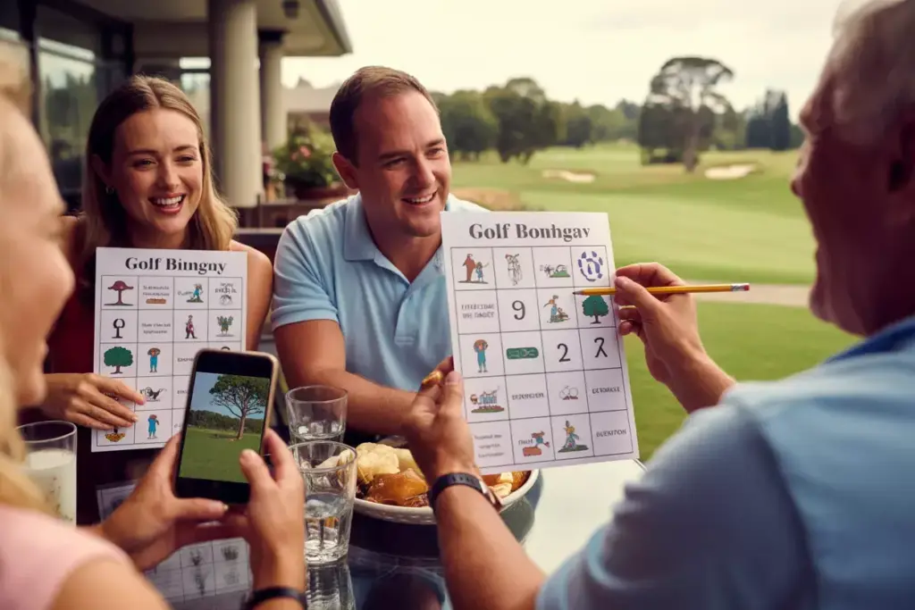 Golf Bingo Bonanza Group Marking Cards While Sharing Photos On Clubhouse Patio