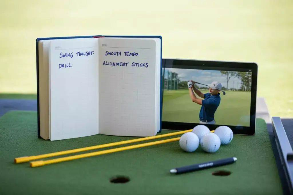Yardage Book With Handwritten Lesson Notes Open Beside A Tablet Showing A Golf Swing Video On The Range