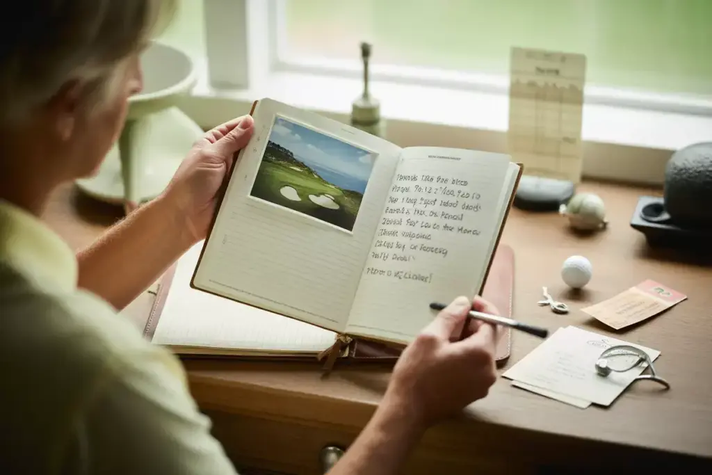 Hands Holding A Yardage Book With A Taped In Photo And Handwritten Memory Next To Golf Mementos