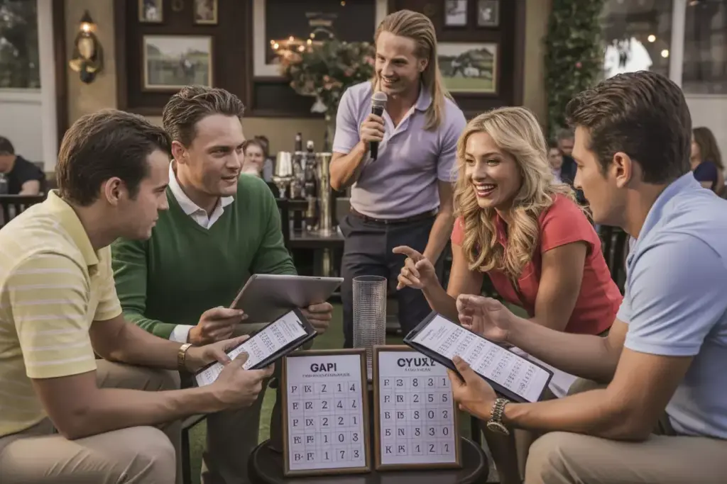 Golf Trivia Tournament Teams Debating Answers In Clubhouse Lounge With Scoreboard