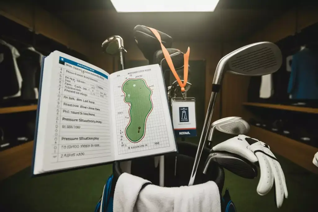 Tournament Yardage Book With Color Coded Strategic Notes On A Golf Bag In A Competitive Locker Room Setting