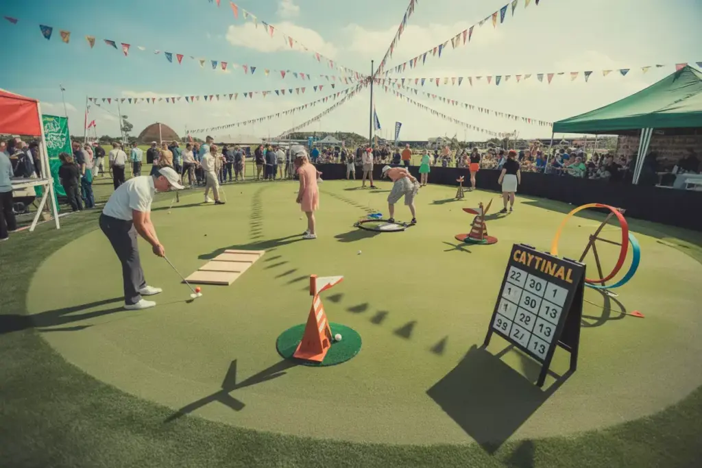 Putting Green Carnival With Windmill Ramp And Target Stations Under Pennant Banners