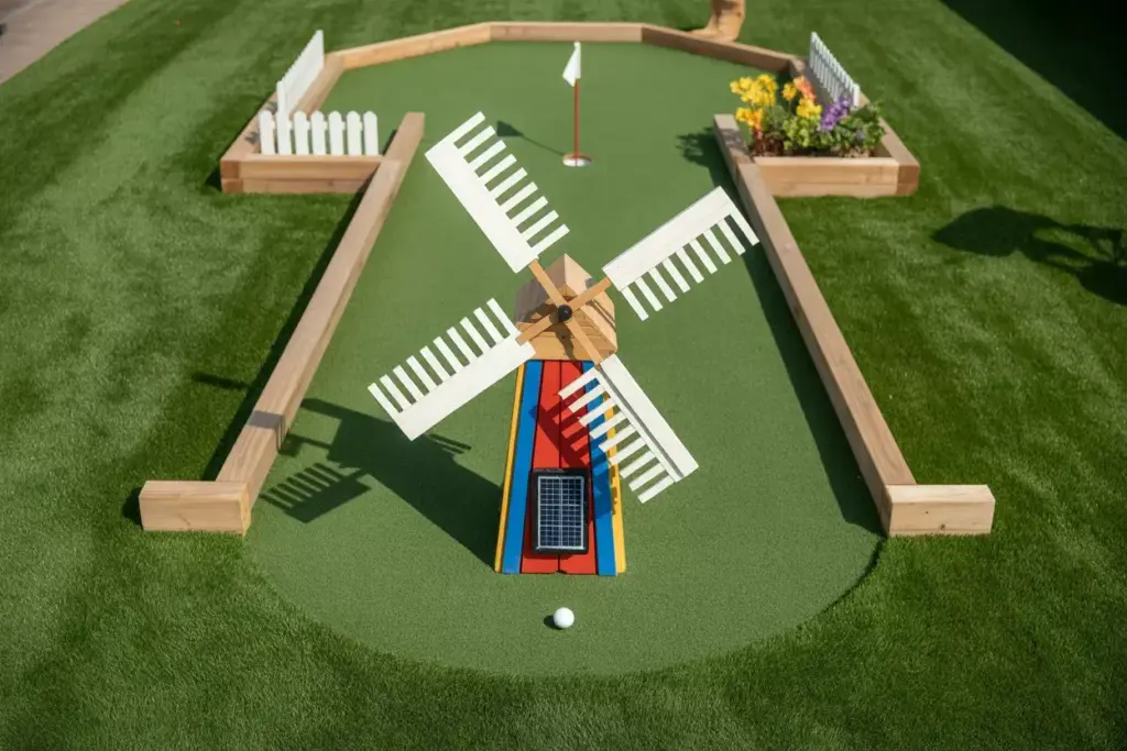 A Bright Green Artificial Turf Mini Golf Hole With A Rotating Red And White Windmill Obstacle And Decorative White Fencing In A Sunny Backyard