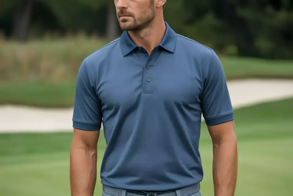A Man Wearing A Navy Classic Golf Polo On A Fairway