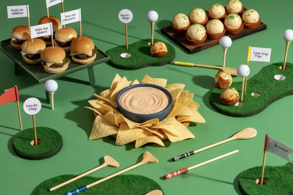 Par Fect Appetizers Hole In One Sliders Tee Rific Cheese Balls And Sand Trap Dip On Green Tablecloth