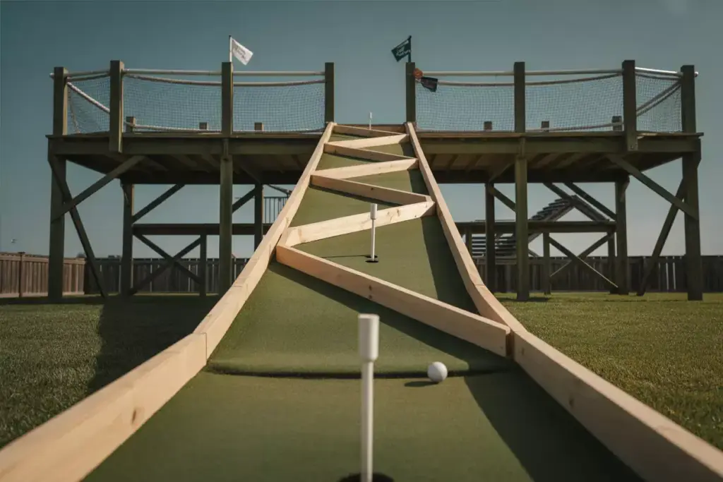 A Spiraling Plywood Mini Golf Ramp With Artificial Turf Leading To An Elevated Green And Safety Railing In A Backyard