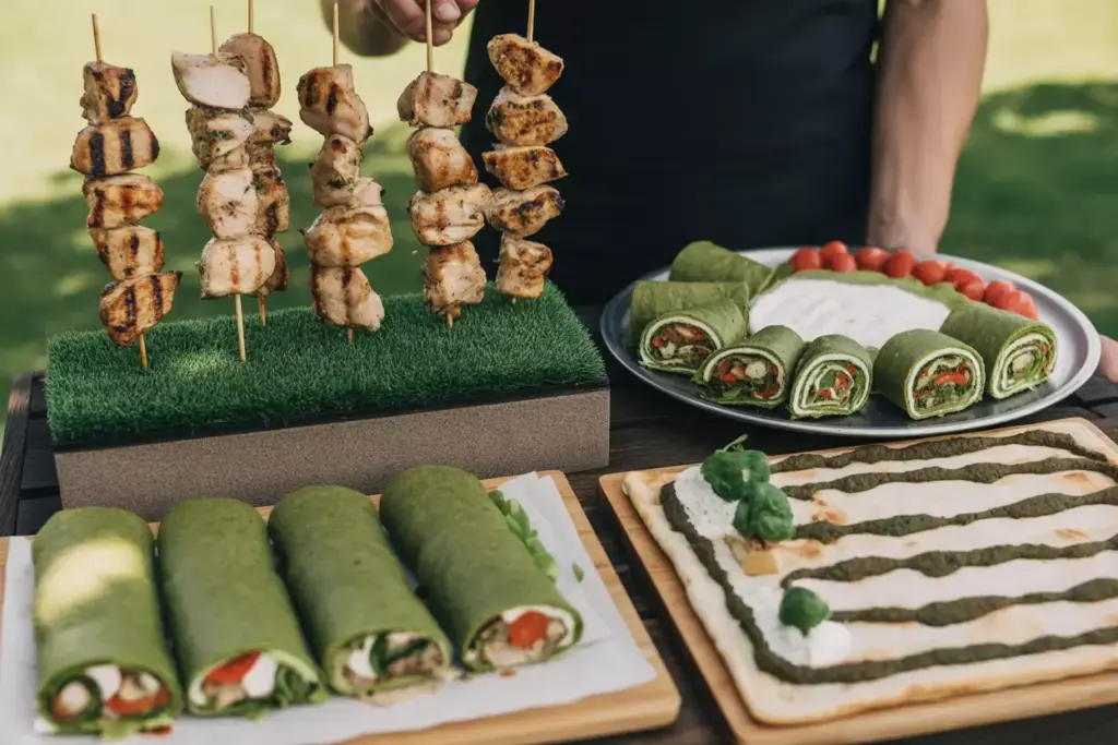 Eagle Eye Chicken Skewers Standing Upright With Birdie Wraps And Fairway Flatbreads Golf Themed