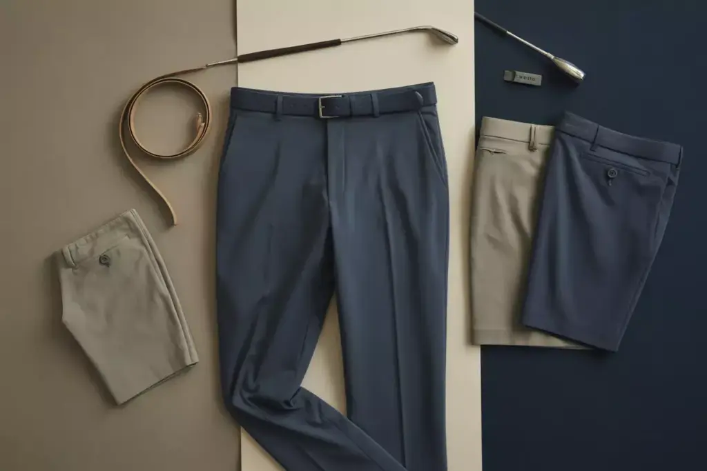 Flat Lay Of Navy Golf Pants And Khaki Shorts With Belt