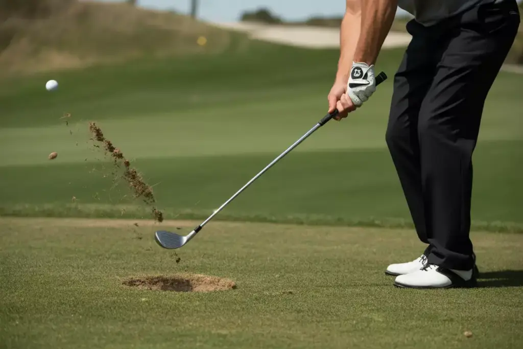 Golfer Hitting 3 Wood From Light Rough On Golf Course