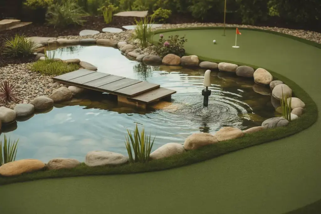 A Mini Golf Hole With A Shallow Reflective Water Hazard A Wooden Bridge And River Rock Landscaping In A Backyard