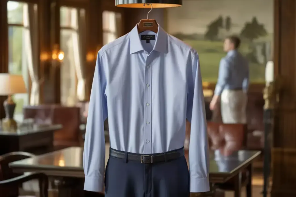 Light Blue Dress Shirt On Hanger In Clubhouse Setting