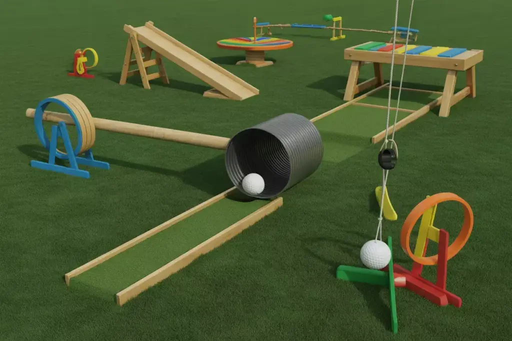 A Colorful Mini Golf Hole With A Pvc Tunnel A Seesaw Ramp A Spinning Wheel And A Pendulum Obstacle On Artificial Turf