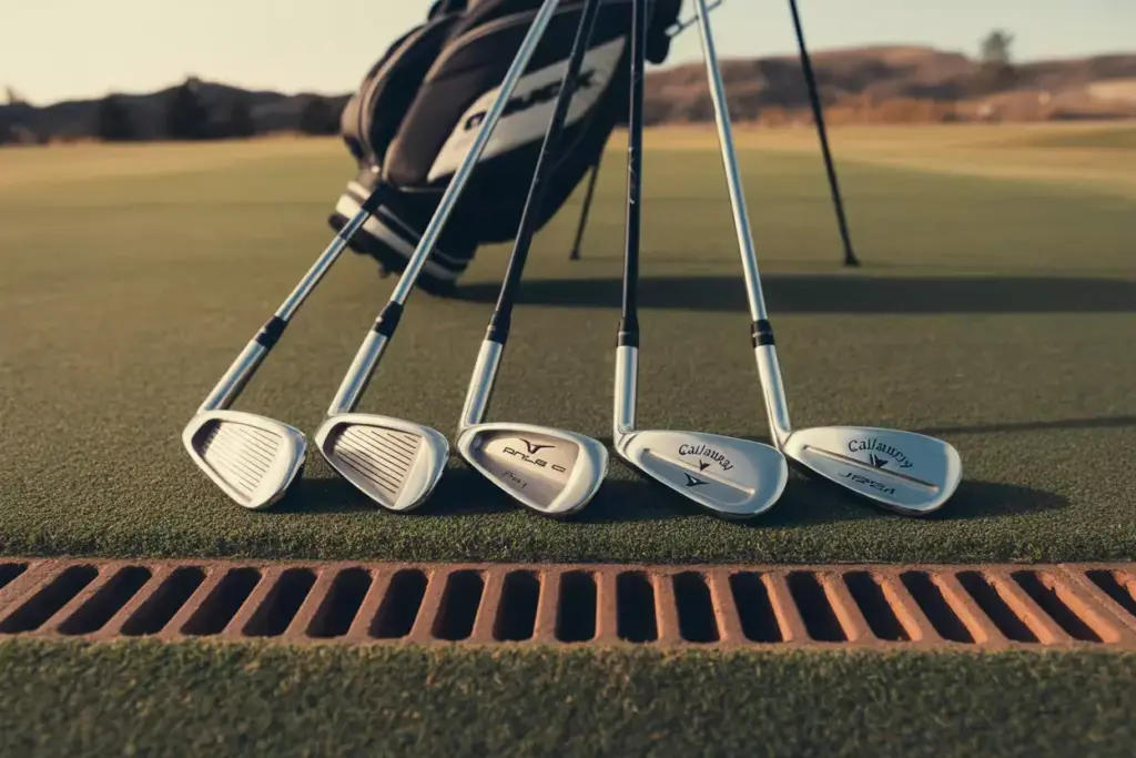 Mid Irons 5 6 7 Arranged At Practice Range With Divots