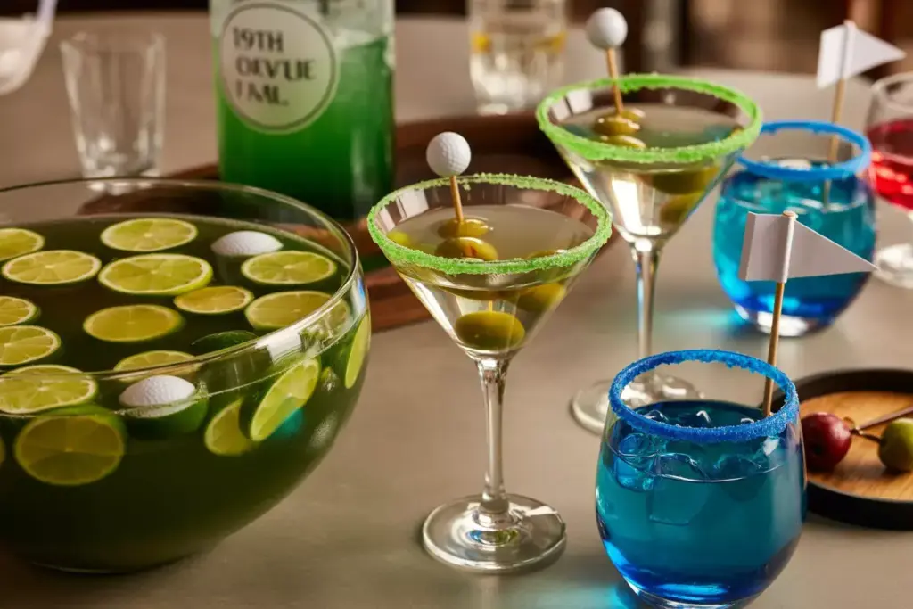 Nineteenth Hole Green Punch Tee Time Martinis And Water Hazard Blues Cocktails On Bar